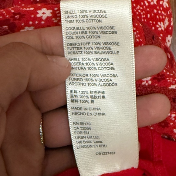 Free People XS Red floral mini dress boho cottagecore puff sleeve lace trim - Picture 5 of 6